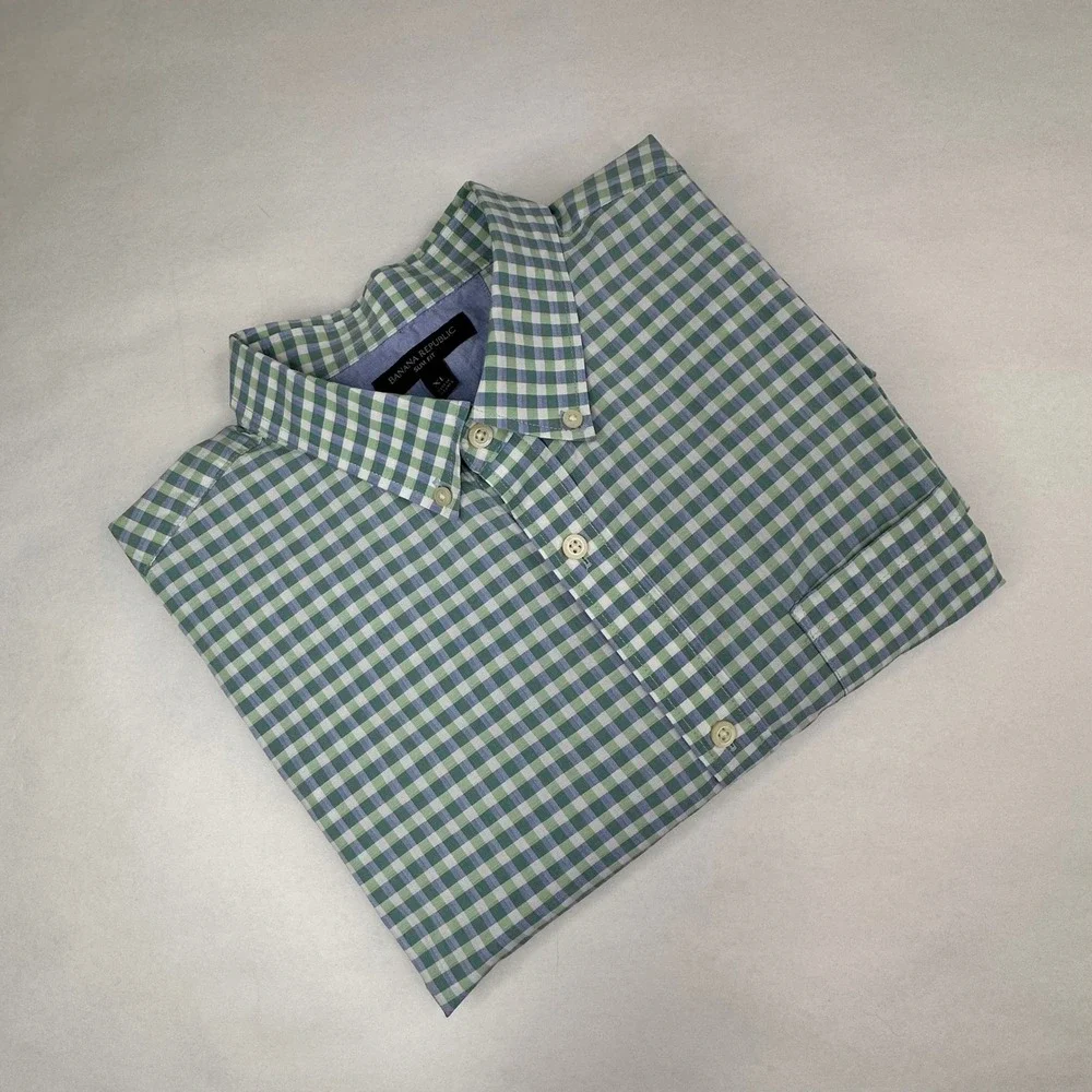 Banana Republic Mens XL Slim Fit Gingham Button Down Shirt‎ Green White Cotton